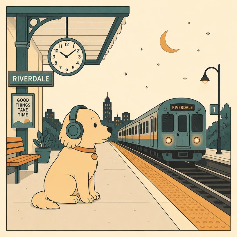 Pip alone on a night train platform